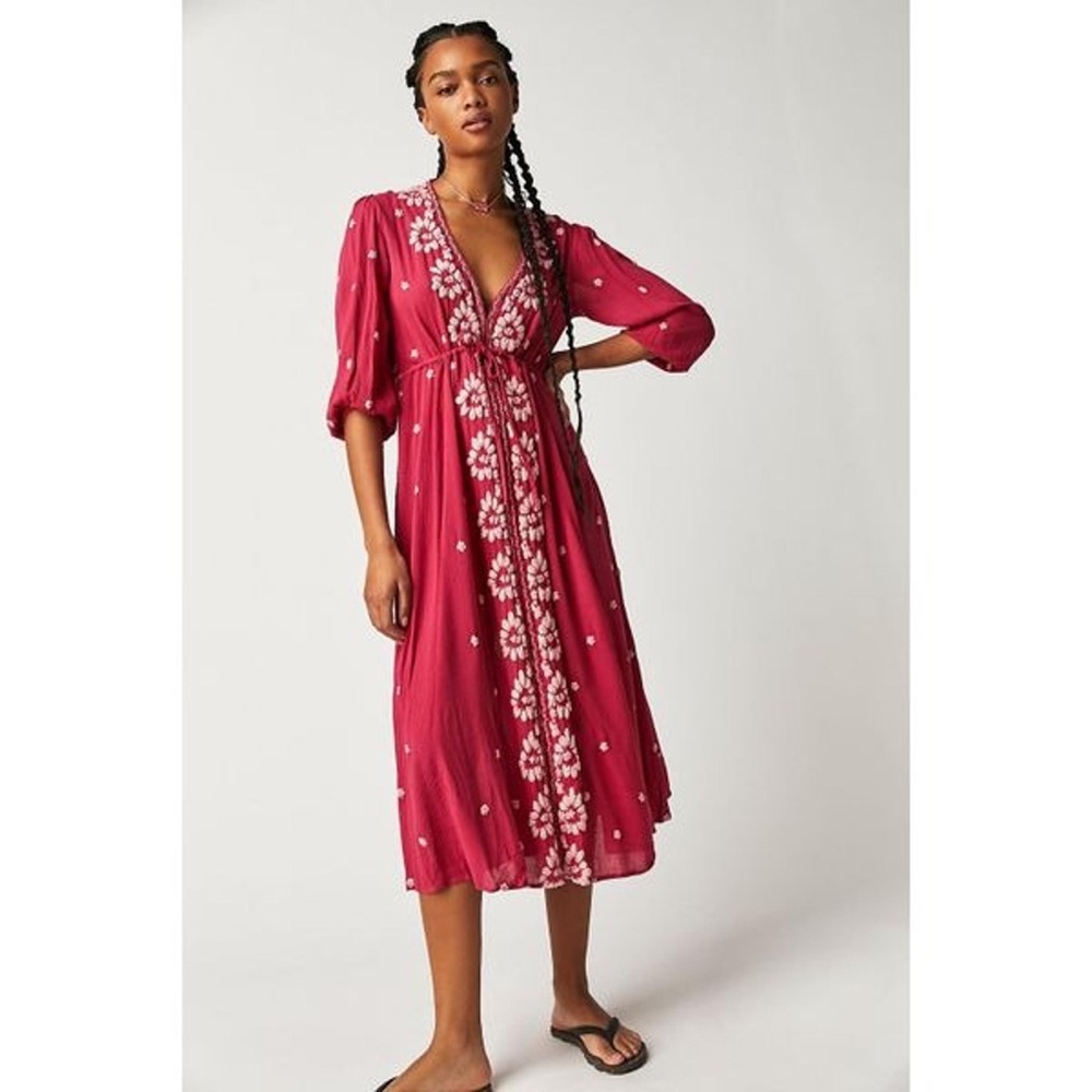 Free People Fable White Embroidered Pink Maxi Dress